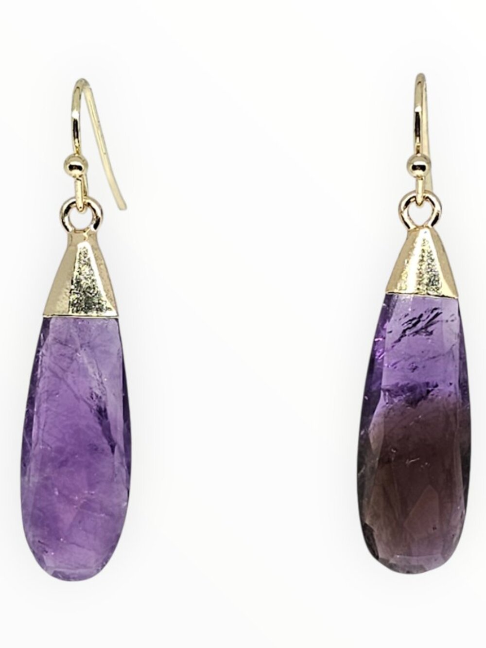 Handmade Amethyst Faceted Teardrop Gold Tone Boho Elegant Dangle Earrings